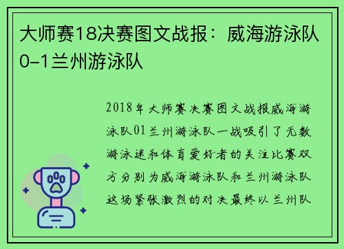 大师赛18决赛图文战报：威海游泳队0-1兰州游泳队