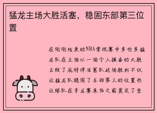 猛龙主场大胜活塞，稳固东部第三位置