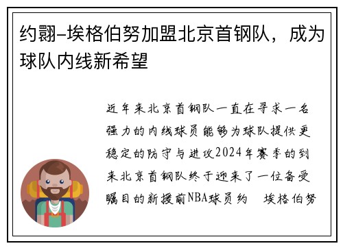 约翾-埃格伯努加盟北京首钢队，成为球队内线新希望